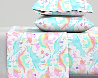 Pastel Dinosaurs Sheets - Pastel Dinosaurs - Rotated by emerysmithstudio - Rainbow Watercolor Cotton Sateen Sheet Set Bedding by Spoonflower