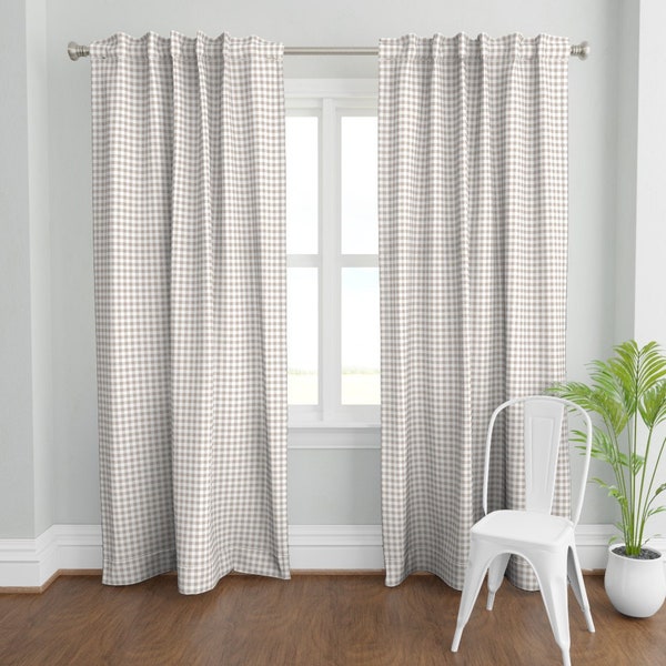 Taupe Plaid Curtain Panel - Gingham In Taupe by lilyoake - Neutral Gingham Taupe Tan Tartan Custom Curtain Panel by Spoonflower