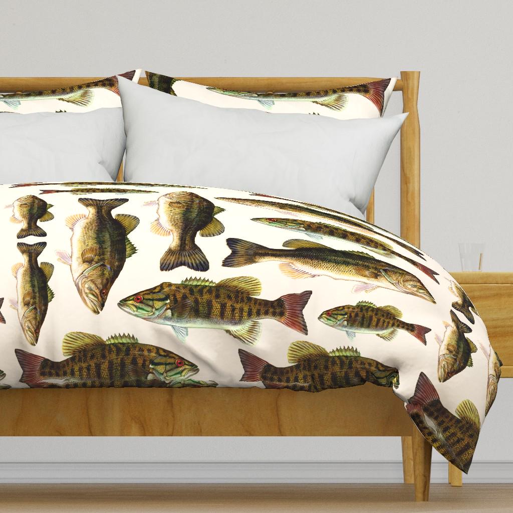 Fishing Bedding - Bass Fish by weavingmajor - Freshwater Fish Painted Rustic Cabin Cotton Sateen Duvet Cover OR Pillow Shams by Spoonflower