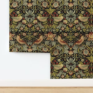 William Morris Non-Pasted Wallpaper - Strawberry Thief by peacoquettedesigns - Traditional Victorian Wallpaper Double Roll by Spoonflower