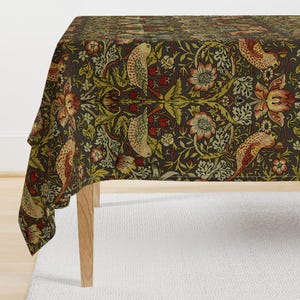 William Morris Tablecloth - Strawberry Thief  by peacoquettedesigns - Damask Classic Floral Bird Cotton Sateen Tablecloth by Spoonflower