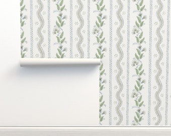 Preppy Floral Non-Pasted Wallpaper Grandmillennial Spring Summer - Emma Blue Green  by danika_herrick Wallpaper Double Roll by Spoonflower