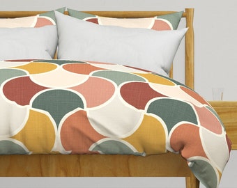 Boho Geometric Bedding - Boho Casual Scallop by luciafontes - Earth Tones Rust Red Cotton Sateen Duvet Cover OR Pillow Shams by Spoonflower