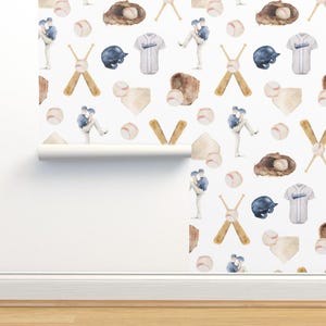 Baseball Watercolor Non-Pasted Wallpaper - Slugger by maddiero - Summer Sports Batter Up Bat Ball Wallpaper Double Roll by Spoonflower