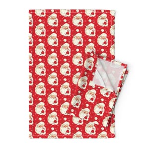 Santa Tea Towels (Set of 2) - Hi Santa Claus Christmas Red by parisbebe - Vintage Holiday Christmas  Linen Cotton Tea Towels by Spoonflower
