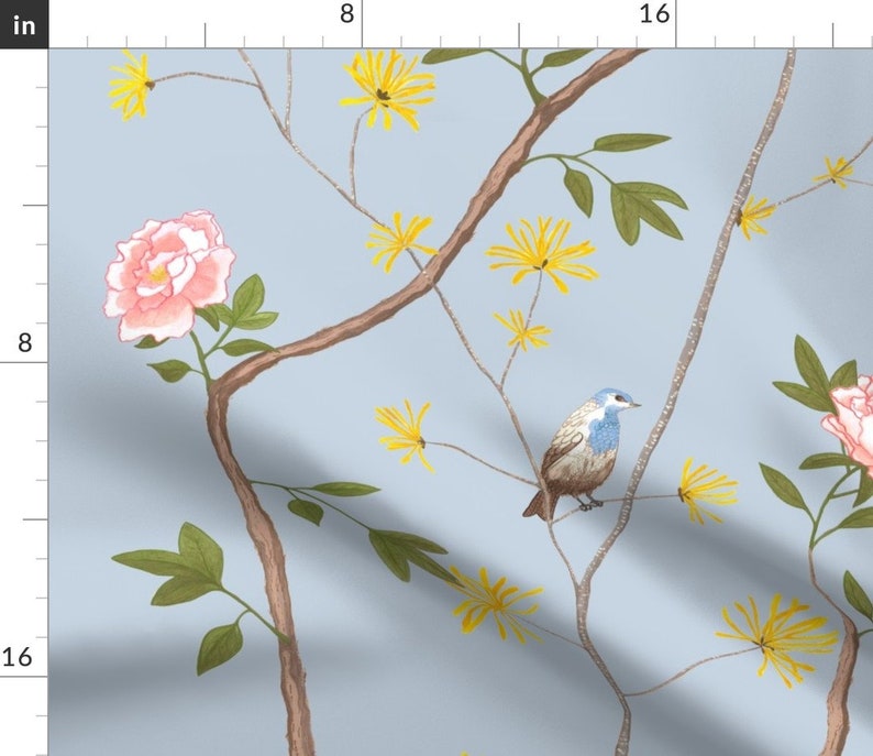 Jenny Peony In Cornflower by domesticate Chinoiserie Sheets Asian Inspired French Garden Cotton Sateen Sheet Set Bedding by Spoonflower