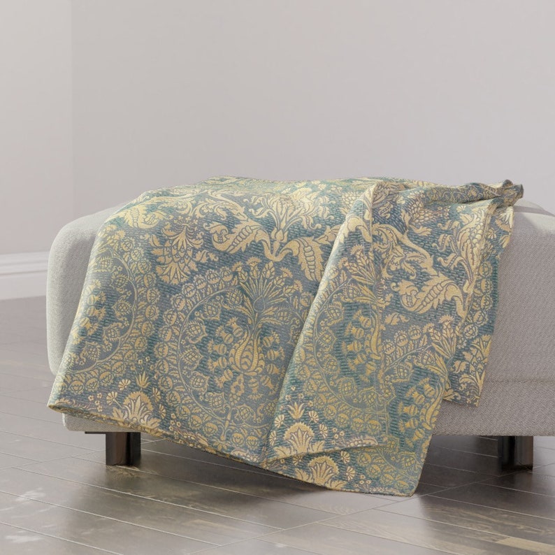 Blue shops Throw Blanket - Catherine Of Aragon by peacoquettedesigns - Yellow Gold Medieval Paisley Damask Throw Blanket with Spoonflower Fabric