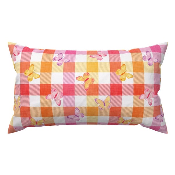 Butterfly Check Accent Pillow - Cheerful Checks by bobbieval - Summer Plaid Pink Yellow Orange Rectangle Lumbar Throw Pillow by Spoonflower