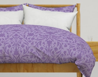 Purple Bedding - Lilac Damask by nendo -  Victorian Lilac Violet Damask Amethyst Cotton Sateen Duvet Cover OR Pillow Shams by Spoonflower
