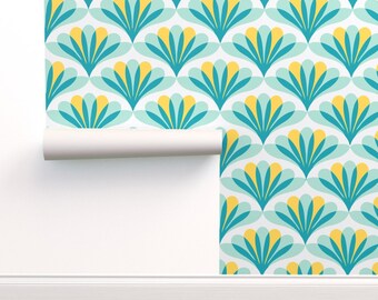 Art Deco Commercial Grade Wallpaper - Peacock Blue by myracle - Peacock Feathers Abstract Lotus  Wallpaper Double Roll by Spoonflower