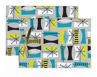 Mcm Placemats Set of 2 - Mid Century Modern Retro Tribal Geometric Leaves Retro Cloth Placemats - Mod Leaves by celiaforrester