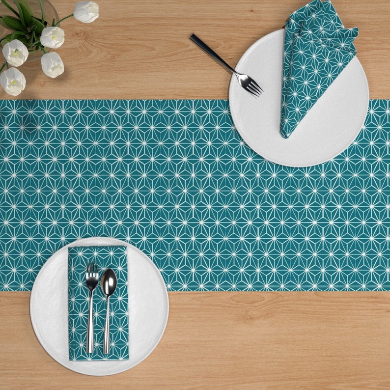 Mid Modern Century Tiles Teal Cotton Sateen Table Runner by Spoonflower Geometric Star Table Runner Star Tile In Teal by thistleandfox