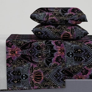 Raven Sheets - Dark Gothic Large Scale by byre_wilde - Damask Spooky Bat Witch Skull Pumpkin Cotton Sateen Sheet Set Bedding by Spoonflower