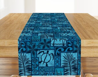 Tiki Hawaii Tischläufer - Tropisch Blau Tropisch Hawaii Hawaiian Tiki Tapa Tischläufer aus Polynesischer Baumwollsatin - Moku Malihini von madtropic