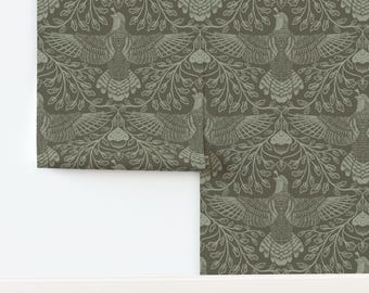 Autumnal Non-Pasted Wallpaper Nature Forest Woodland Traditional Cabincore - Quail And Acorn by francisca_reyes Wallpaper by Spoonflower