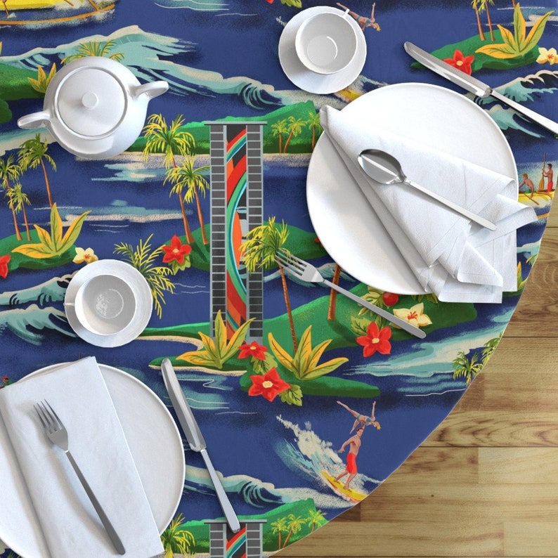 Island Round Tablecloth Hawaiian Vacation by vinpauld Surf Tropical Surfing Summer Cotton Sateen Circle Tablecloth by Spoonflower