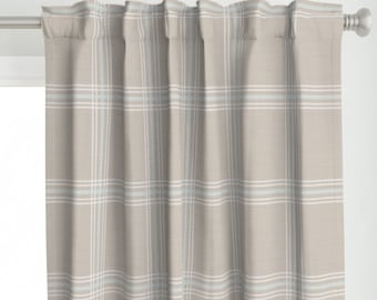 Neutral Plaid Curtain Panel - Large Scale Greige Light Blue Windowpane Check Farmhouse Custom Curtain Panel - Windowpane by devondesignco -