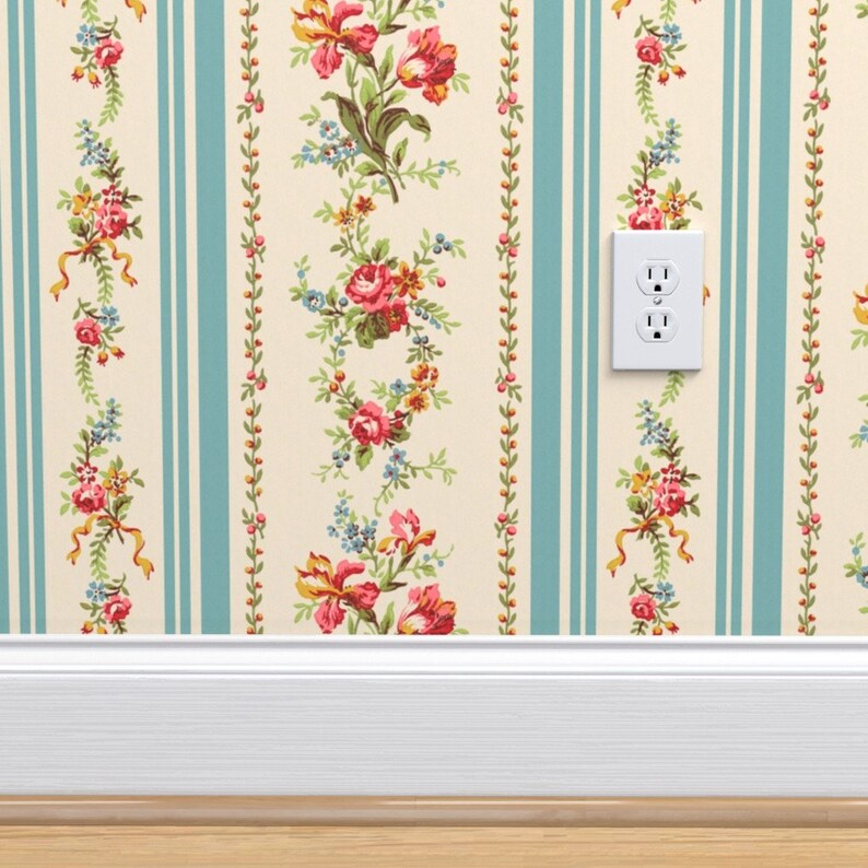 Vintage Stripe Wallpaper Floral Stripe by Peacoquettedesigns Etsy