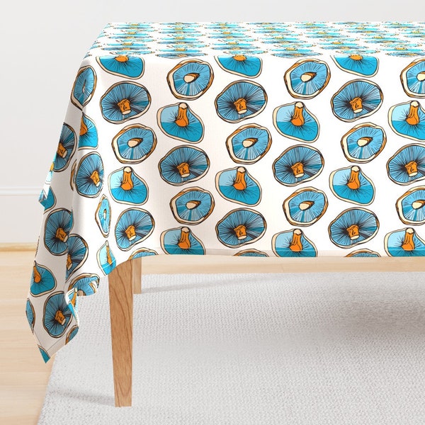 Woodland Mushroom Tablecloth - Mushroom Caps by kendrashedenhelm - Blue Orange Psychedelic Mushrooms Cotton Sateen Tablecloth by Spoonflower