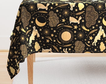 Black Rabbit Tablecloth - Harvest Moon Hares Golden by cat_hayward - Stars Clouds Gold Wheat Harvest Cotton Sateen Tablecloth by Spoonflower