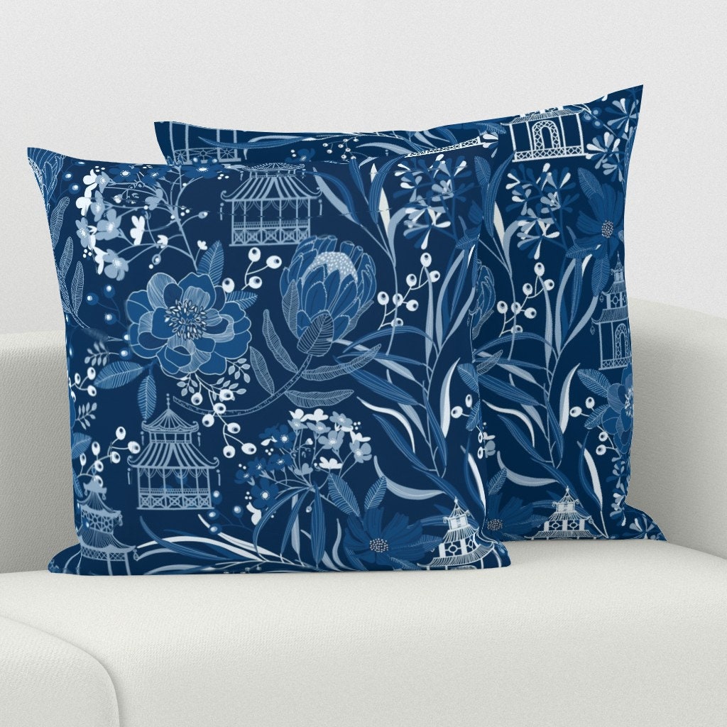 Blue Chinoiserie Throw Pillow Blue Pagoda by Hnldesigns - Etsy