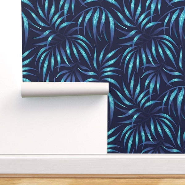 Navy Blue Palm Leaf Wallpaper - Etsy