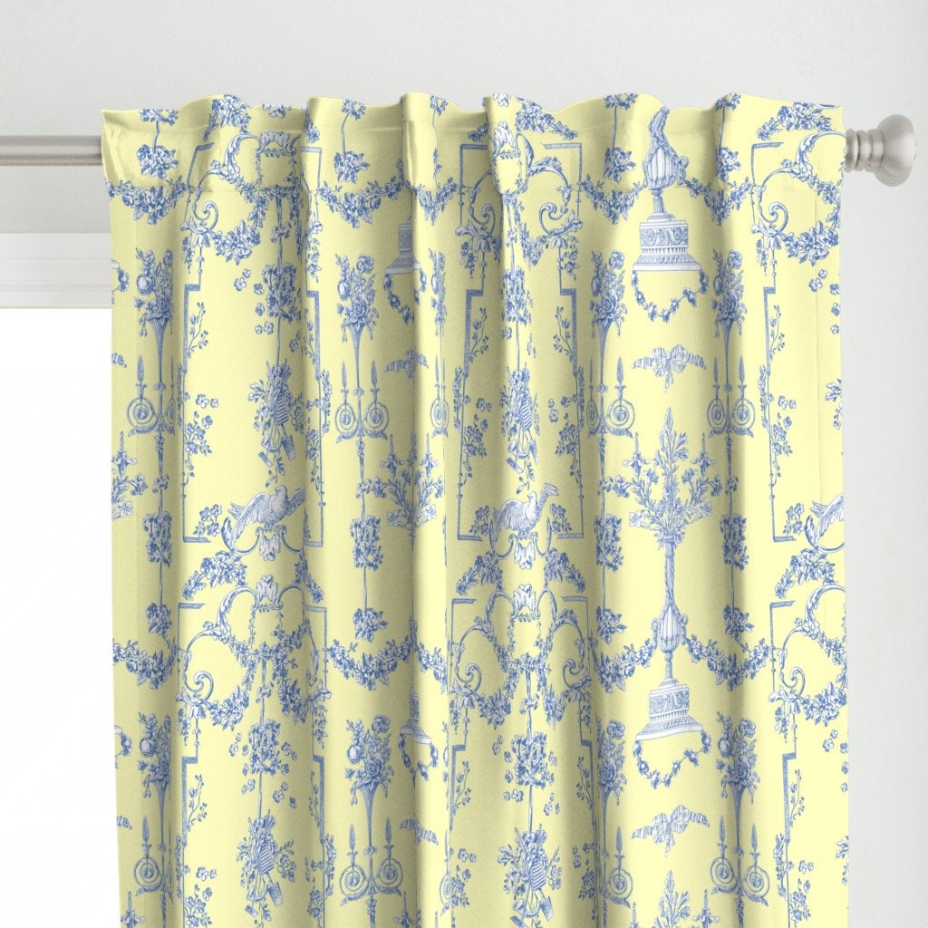 French Toile Curtain Panel - Pompadour Toile by lilyoake - Yellow Blue Chateau Toile De Jouy Wedding Custom Curtain Panel by Spoonflower
