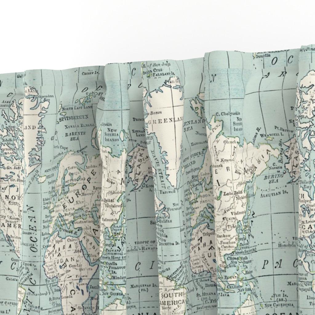 Vintage Maps Curtain Panel - Blue and Cream World Map Geography ...