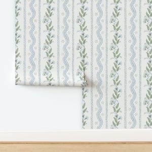 Pastel Preppy Non-Pasted Wallpaper - Emma Stripe by danika_herrick - Light Blue Green Grandmillennial Wallpaper Double Roll by Spoonflower
