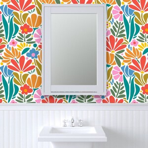 Psychedelic Floral Non-Pasted Wallpaper Retro 1960s Pink Botanical - Maximalism Folk by jenflorentine Wallpaper Double Roll by Spoonflower image 2
