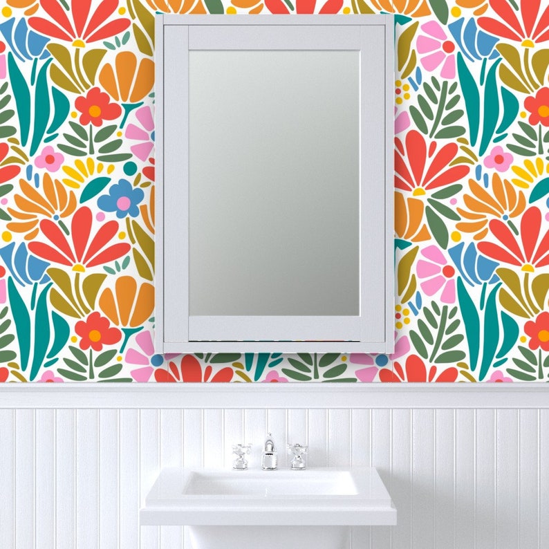 Psychedelic Floral Non-Pasted Wallpaper Retro 1960s Pink Botanical - Maximalism Folk by jenflorentine Wallpaper Double Roll by Spoonflower image 2