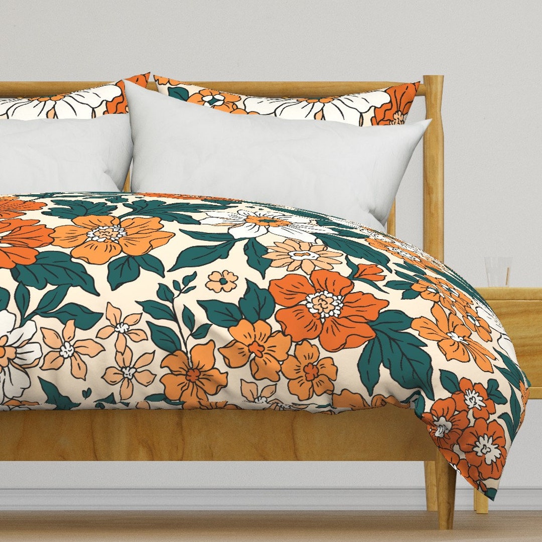Tropical Duvet Cover Orange & Green Retro Floral by Etsy