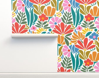 Psychedelic Floral Non-Pasted Wallpaper Retro 1960s Pink Botanical - Maximalism Folk by jenflorentine Wallpaper Double Roll by Spoonflower