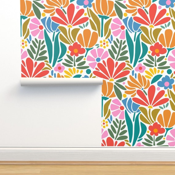 Psychedelic Floral Non-Pasted Wallpaper Retro 1960s Pink Botanical - Maximalism Folk by jenflorentine Wallpaper Double Roll by Spoonflower