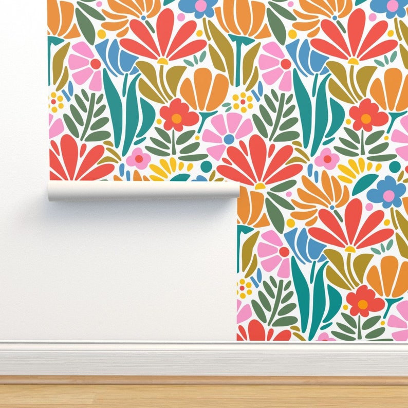 Psychedelic Floral Non-Pasted Wallpaper Retro 1960s Pink Botanical - Maximalism Folk by jenflorentine Wallpaper Double Roll by Spoonflower image 1