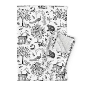 Forest Animals Tea Towels (Set of 2) - Toile In Grey On White  by red_raspberry_design - Woodland Linen Cotton Tea Towels by Spoonflower