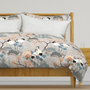 Chinoiserie Sakura Bedding - Japanese Garden Grey by juditgueth - Japanese Elegant  Cotton Sateen Duvet Cover OR Pillow Shams by Spoonflower