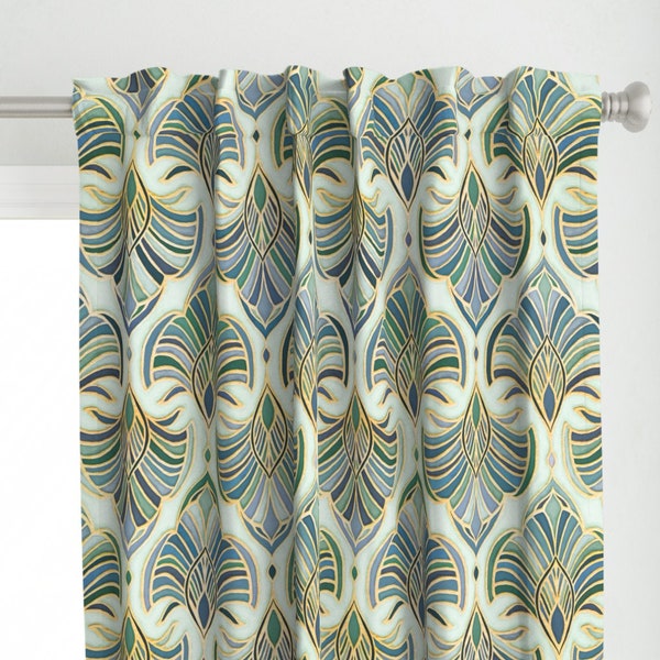 Art Nouveau Curtain Panel - Art Deco Fans by micklyn - Elegant Blue Green Golden Yellow Emerald Green Custom Curtain Panel by Spoonflower