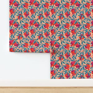 Pink Non-Pasted Wallpaper - Retro Pomegranate by heidi-abeline - Blue Peach Retro Orange Fruit Bold Wallpaper Double Roll by Spoonflower