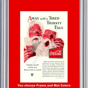 Anuncio vintage de Papá Noel navideño de Coca Cola de 1933 con cara cansada y sedienta de la NRA, Asociación Nacional del Rifle, Coca-Cola 33 (Puede elegir los colores del marco y el paspartú).