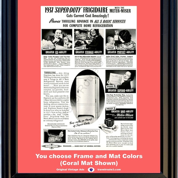 1937 Frigidaire Refrigerator Freezer Vintage Ad General Motors GM Home Kitchen Ice Maker Refrigeration 37 *You Choose Frame-Mat Colors*
