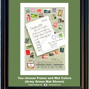 1955 Europe Travel Vintage Ad France Germany Great Britain Italy Spain Sweden Austria Denmark Norway Turkey 55 *You choose Frame-Mat Colors*