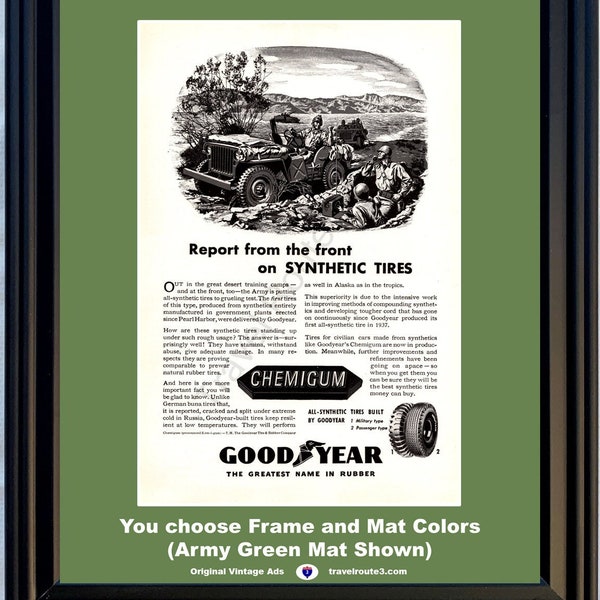 1943 SECONDE GUERRE MONDIALE WW2 Jeep Goodyear Pneus vintage Ad Army Desert Training Camps Bonne année Chemigum Seconde Guerre mondiale 2 43 * Vous choisissez les couleurs frame-mat *
