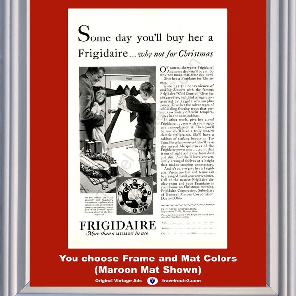 1929 Frigidaire Refrigerator Vintage Ad Christmas Kitchen Freezer Appliance Cold Control Buy Her a 29 *You Choose Frame-Mat Colors*
