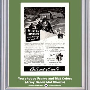 1943 WWII WW2 Movies Tonight Vintage Ad Bell and Howell Filmo Motion Picture Camera World War II 2 43 *You Choose Frame-Mat Colors*