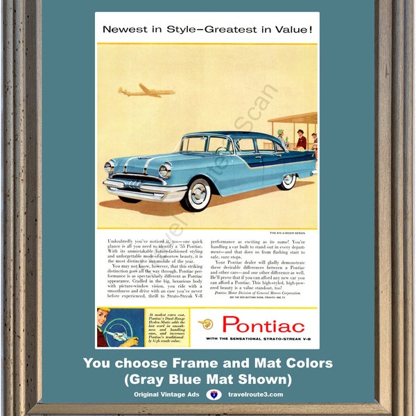 1955 Pontiac Chieftan 870 Vintage Ad 55 4 Door Sedan Blue Strato-Streak V-8 *You Choose Frame-Mat Colors-Free USA S&H*