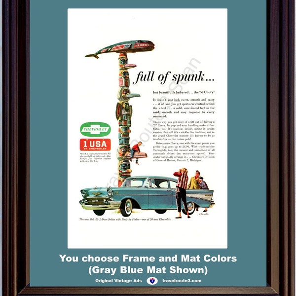 1957 Chevrolet Bel Air Vintage Ad 57 Chevy 2 Door Sedan 57 Chevy Totem Pole Full of Spunk Tourist Travel *You choose Frame-Mat Colors*