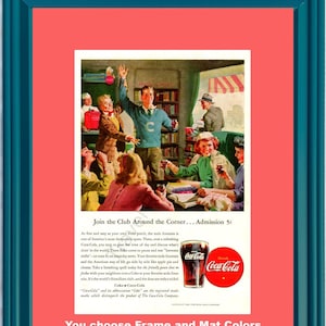 1946 Coca Cola Soda Fountain vintage Ad Coke Neighbourhood Club Library Pause That Refreshes Nickel 5 cents 46 * Vous choisissez les couleurs du cadre et du tapis *