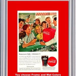 1947 Coca Cola Soda Fountain vintage Ad Coke Baseball Kids Kids Hometown Club La pause qui rafraîchit 47 * Vous choisissez les couleurs du cadre et du tapis *
