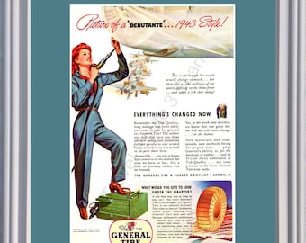 1943 Segunda Guerra Mundial 2 Mujeres Trabajadoras Anuncio Vintage Debutante Segunda Guerra Mundial Segunda Guerra Mundial General Tire Mujer Hermanas Podemos Hacerlo 43 *Usted elige los colores del marco y el tapete*